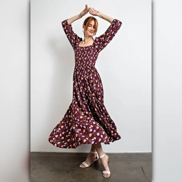 • Boho Square Neck Floral Print Maxi Dress