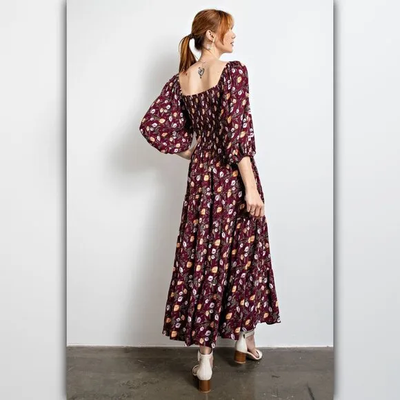• Boho Square Neck Floral Print Maxi Dress