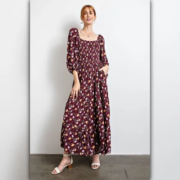 • Boho Square Neck Floral Print Maxi Dress