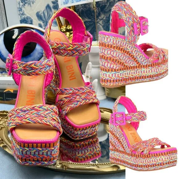 🆕 GIANNI BINI 🧿 NWOB Santi Woven Beaded Wedge Sandals - Rainbow Multi, Sz US 7
