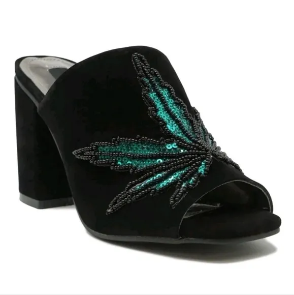 🆕️🆑 IRON FIST MARY JANE SANDLE BLOCK HEELS Green &amp; Black Vegan Velvet Mules