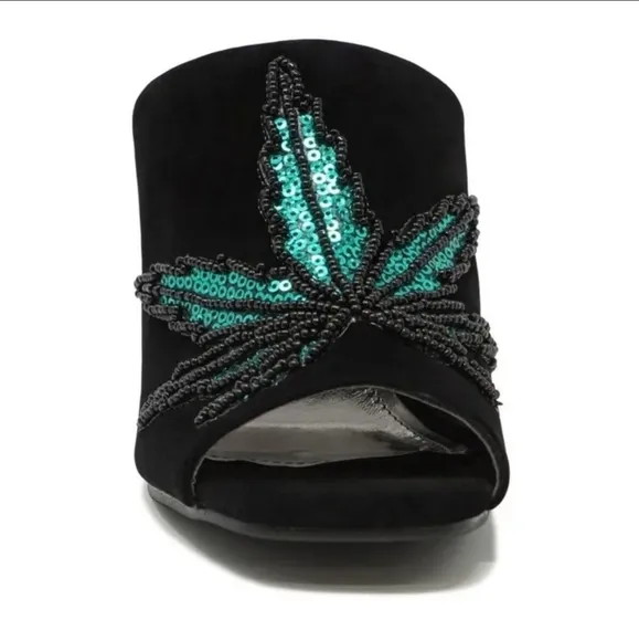 🆕️🆑 IRON FIST MARY JANE SANDLE BLOCK HEELS Green &amp; Black Vegan Velvet Mules