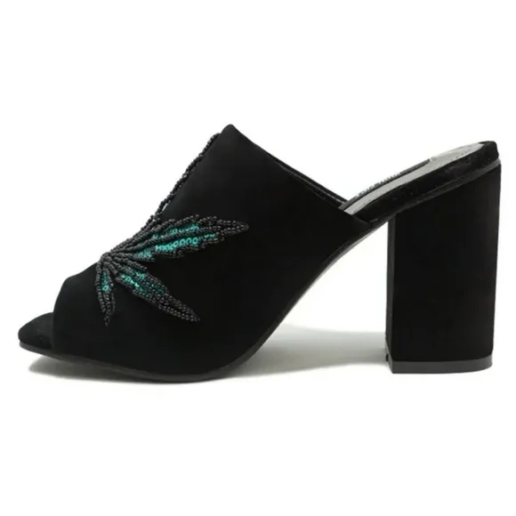 🆕️🆑 IRON FIST MARY JANE SANDLE BLOCK HEELS Green &amp; Black Vegan Velvet Mules