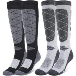 2 Pair Unisex Skiing Socks OTC Thermal Knee Merino Wool, Black Gray
