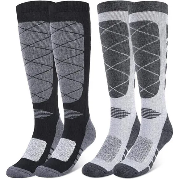 2 Pair Unisex Skiing Socks OTC Thermal Knee Merino Wool, Black Gray