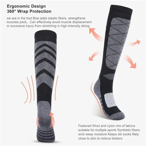 2 Pair Unisex Skiing Socks OTC Thermal Knee Merino Wool, Black Gray