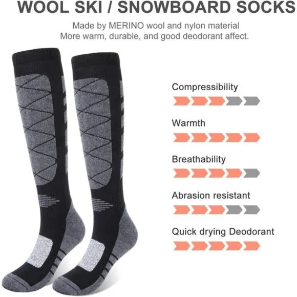 2 Pair Unisex Skiing Socks OTC Thermal Knee Merino Wool, Black Gray