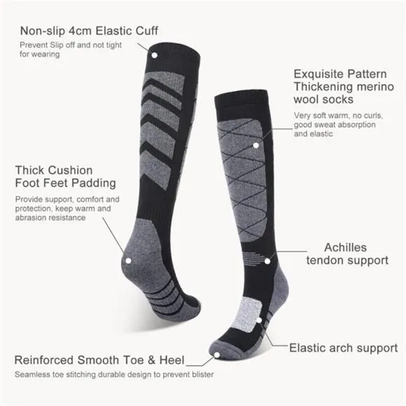 2 Pair Unisex Skiing Socks OTC Thermal Knee Merino Wool, Black Gray