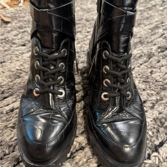 3.1 Phillip Lim Croc-Embossed Leather Combat Boots – Size 37