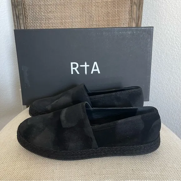 $399 RtA MEN DENIM LEATHER BLACK MOCCASINS LOAFERS SZ 37 5.5