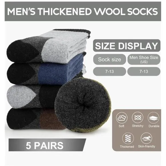 5 Pairs Men's Thermal Socks Winter Warm Socks Cozy Crew Thick Cushion Socks