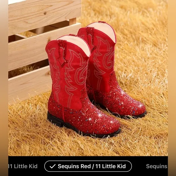 7 Colors -Girls' Western Cowboy-Style Glitter- Mid-Calf, Slip-On Boots