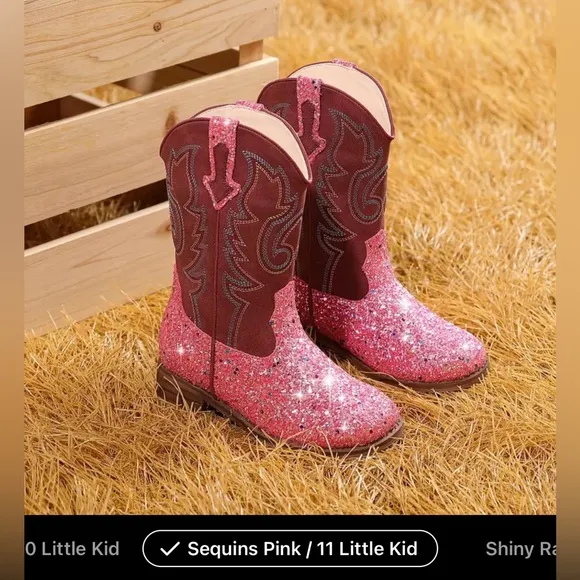 7 Colors -Girls' Western Cowboy-Style Glitter- Mid-Calf, Slip-On Boots