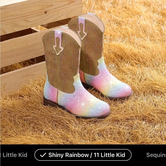 7 Colors -Girls' Western Cowboy-Style Glitter- Mid-Calf, Slip-On Boots