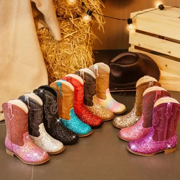 7 Colors -Girls' Western Cowboy-Style Glitter- Mid-Calf, Slip-On Boots