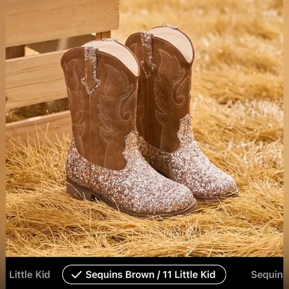 7 Colors -Girls' Western Cowboy-Style Glitter- Mid-Calf, Slip-On Boots