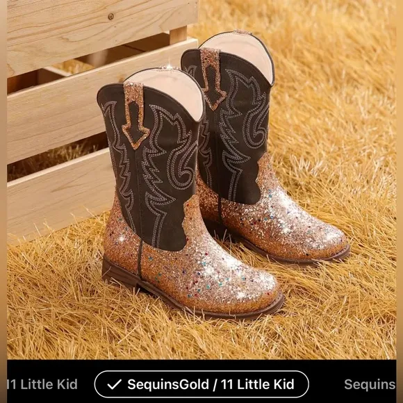7 Colors -Girls' Western Cowboy-Style Glitter- Mid-Calf, Slip-On Boots