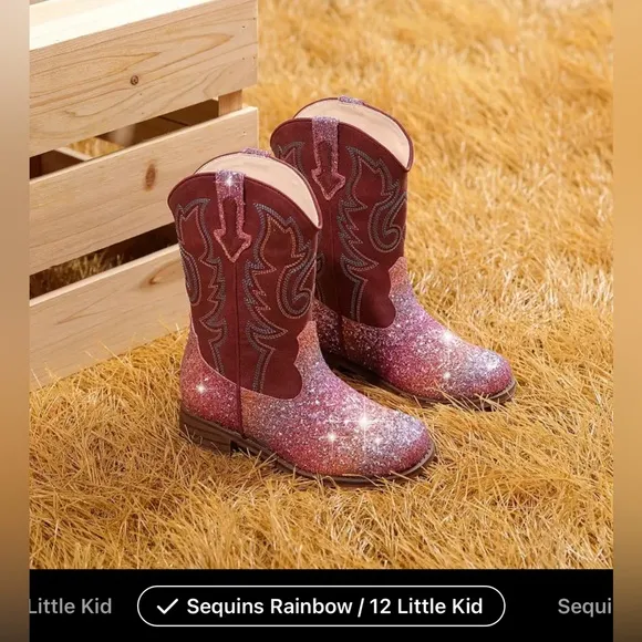 7 Colors -Girls' Western Cowboy-Style Glitter- Mid-Calf, Slip-On Boots