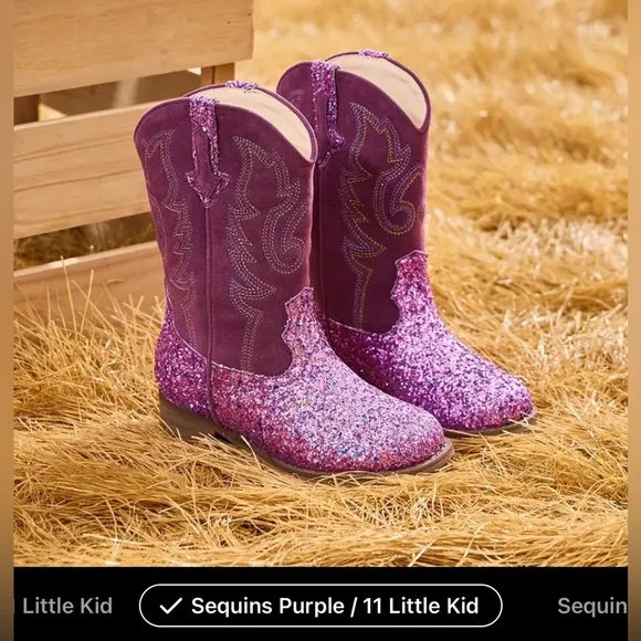 7 Colors -Girls' Western Cowboy-Style Glitter- Mid-Calf, Slip-On Boots