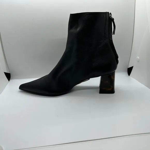 AGL Sleek Black Leather Ankle Boots Pointed Toe Block Heel‎ Designer Booties- 38