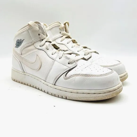 Air Jordan 1 Boys 6.5Y White Leather Mid Shoes Sneakers Basketball 554725-120