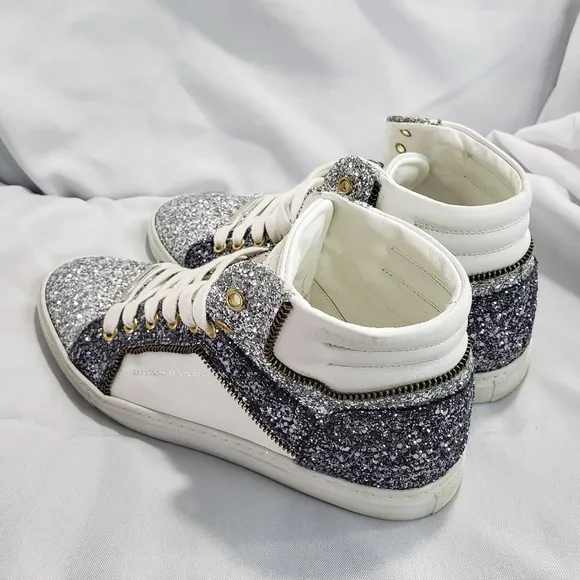 Alessandro Dell'Acqua Glitter Encrusted High  Sneakers White Silver Womens 38.5