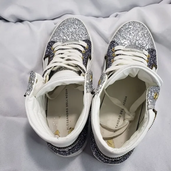 Alessandro Dell'Acqua Glitter Encrusted High  Sneakers White Silver Womens 38.5