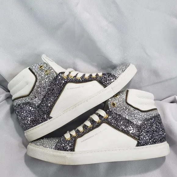 Alessandro Dell'Acqua Glitter Encrusted High  Sneakers White Silver Womens 38.5