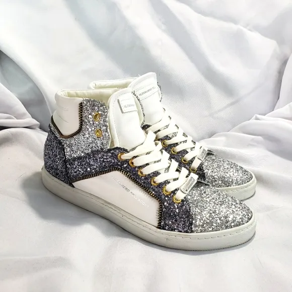 Alessandro Dell'Acqua Glitter Encrusted High  Sneakers White Silver Womens 38.5