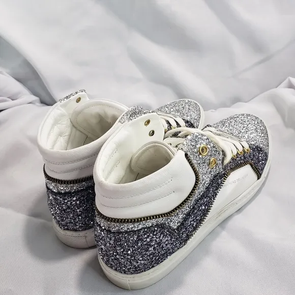 Alessandro Dell'Acqua Glitter Encrusted High  Sneakers White Silver Womens 38.5