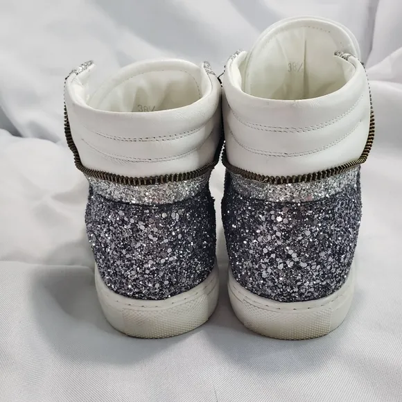 Alessandro Dell'Acqua Glitter Encrusted High  Sneakers White Silver Womens 38.5