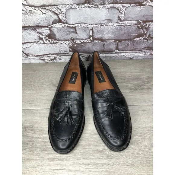 Alfani Black Leather Braided Tassel Loafers Italy Dress Shoes Men Sz 8M US/41EU