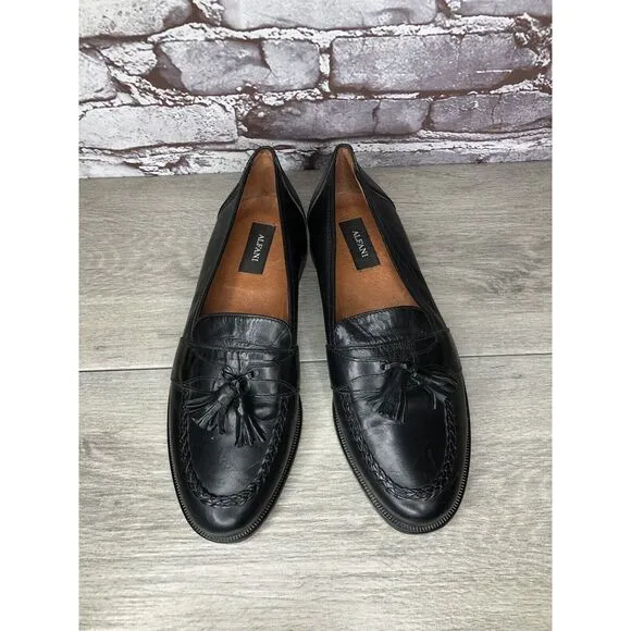 Alfani Black Leather Braided Tassel Loafers Italy Dress Shoes Men Sz 8M US/41EU