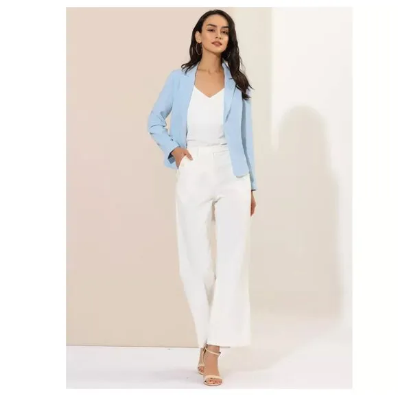 Allegra K Women's Open Front Office Work Crop Long Sleeve Suit Blazer Jacket Sky
