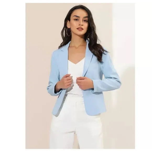 Allegra K Women's Open Front Office Work Crop Long Sleeve Suit Blazer Jacket Sky