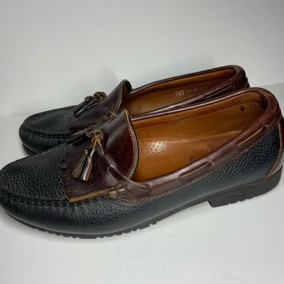 Allen Edmonds Nashua Mens 10 Black Pebbled Leather Brown Kiltie Tassel Loafers