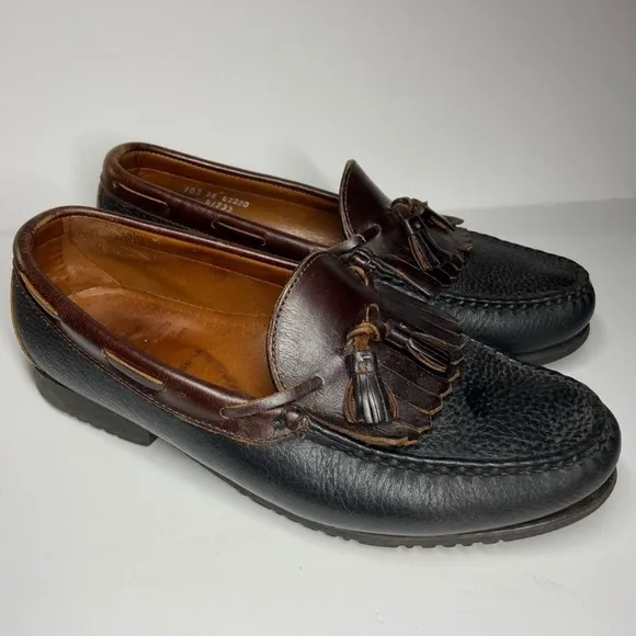 Allen Edmonds Nashua Mens 10 Black Pebbled Leather Brown Kiltie Tassel Loafers