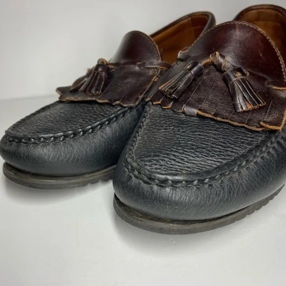 Allen Edmonds Nashua Mens 10 Black Pebbled Leather Brown Kiltie Tassel Loafers