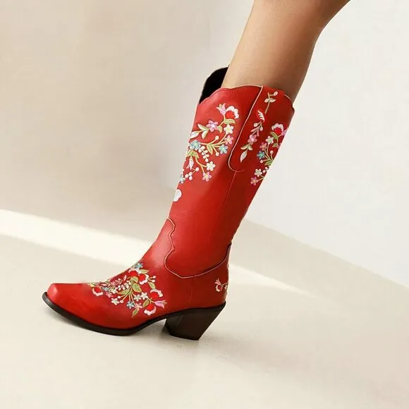 Alsoloveu Cowboy Boots Women Red Polyurethane (PU) Embroidered Western Toe Boot