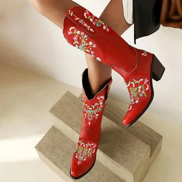 Alsoloveu Cowboy Boots Women Red Polyurethane (PU) Embroidered Western Toe Boot