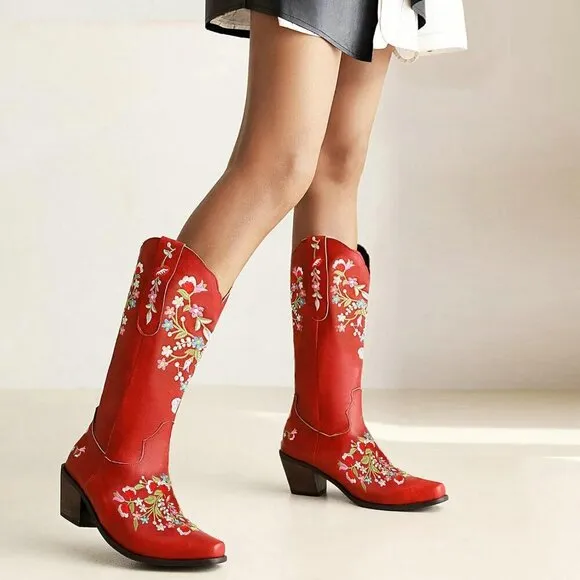 Alsoloveu Cowboy Boots Women Red Polyurethane (PU) Embroidered Western Toe Boot