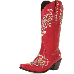 Alsoloveu Cowboy Boots Women Red Polyurethane (PU) Embroidered Western Toe Boot