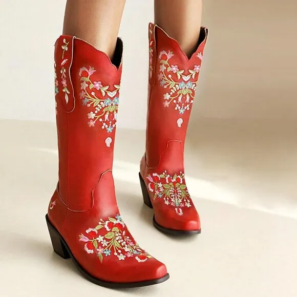 Alsoloveu Cowboy Boots Women Red Polyurethane (PU) Embroidered Western Toe Boot