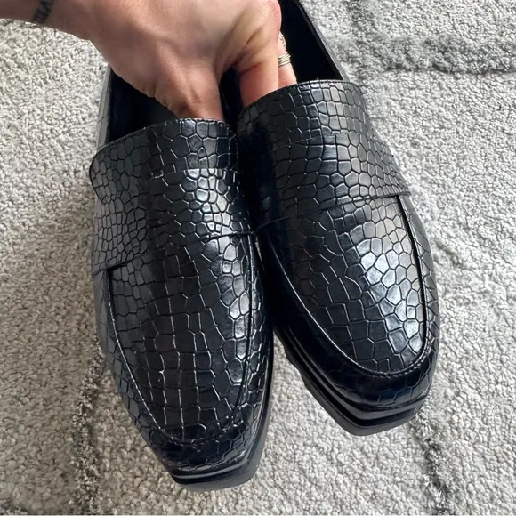 Anne Fontaine Naya black platform loafers croc embossed leather slip on 38 / 8