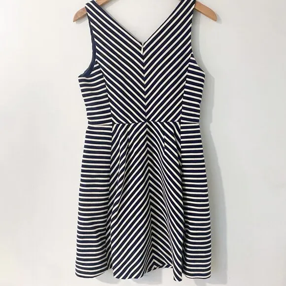 Anthropologie Maeve Navy Textured Stripe Fit &amp; Flare Dress – Size 8