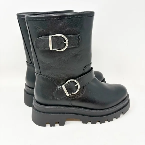 ANTHROPOLOGIE MAEVE Women’s Black Platform MOTO Boots Two Buckle Size 37