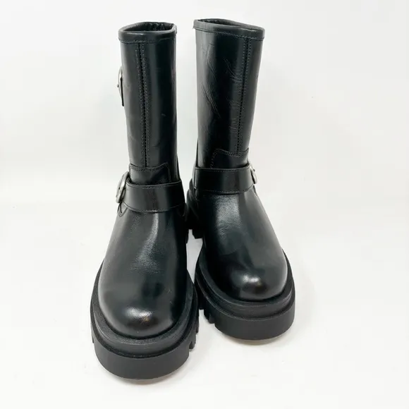 ANTHROPOLOGIE MAEVE Women’s Black Platform MOTO Boots Two Buckle Size 37