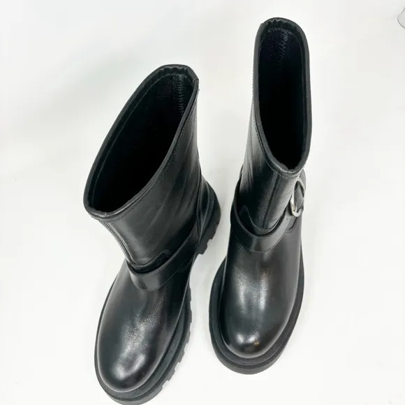 ANTHROPOLOGIE MAEVE Women’s Black Platform MOTO Boots Two Buckle Size 37