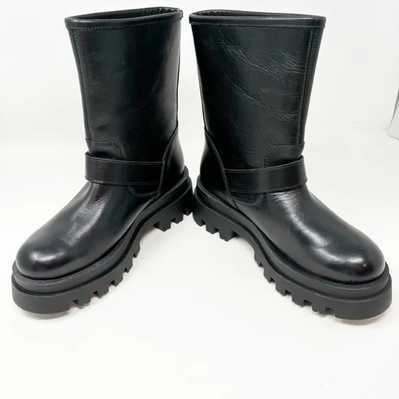 ANTHROPOLOGIE MAEVE Women’s Black Platform MOTO Boots Two Buckle Size 37