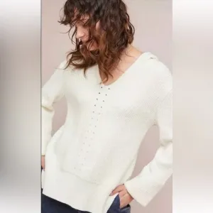 Anthropologie Oversized Chunky Ribbed Knit Hoodie V-neck Pullover Sweater White